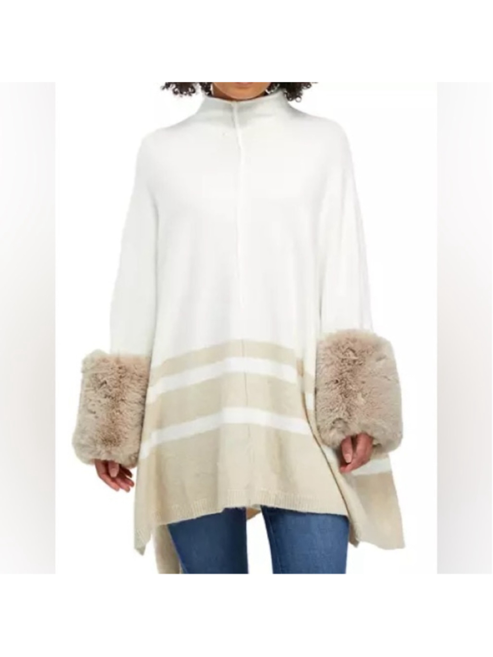 Ruby Rd. petite poncho fur trim medium petite tan cream